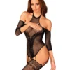 seksowne czarne body fason typu teddy otwarty krok połączony pończochami halterowy odsłaniające plecy ramiona rękawy półdługie kwiatowy wzór elastyczny