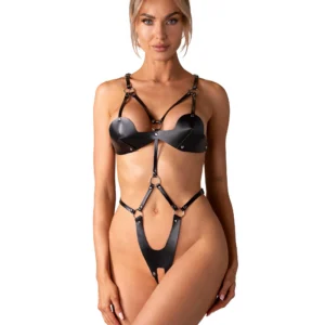 damskie body kontrolujące otwarte krocze czarne ekoskóra eleganckie metalowe łączniki ćwieki regulowane paski tylne taliowe modelujące precyzyjne podkreślające krągłości