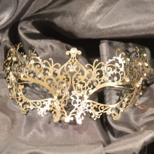 sztywna złota maska wenecka Chiara cyrkonie kryształki mocowanie wiązania metalowa elegancka zmysłowa przebierane wieczory ekskluzywna lekka stylowa ozdobna damska