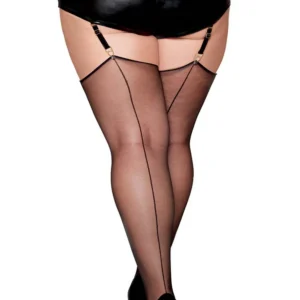 czarne pończochy duże rozmiary przezroczyste drobna siateczka jedwabista górna część uda obszycie rolowane pionowe szwy tylne eleganckie elastyczne nylon elastan