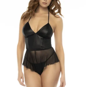 eleganckie proste nowoczesne body koszulka nocna czarne imitacja mokrej skóry delikatna siateczka regulowane ramiączka funkcjonalny zamek tylny pasujące stringi