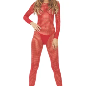 czerwony siatkowy erotyczny bodystocking otwarty krok nylonowy elastyczny przezroczysty dopasowany jednoczęściowy komfortowy lekki kuszący seksowny