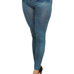 Niebieskie legginsy dopasowane elastyczne wygodne efekt zużytego dżinsu uda modelujące talii wysoki stan tylne kieszenie oznaczone poliester elastan