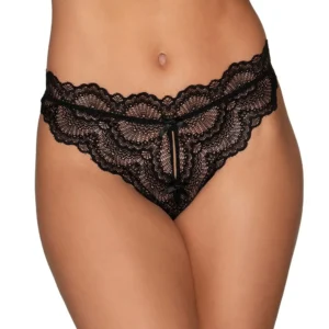 czarne koronkowe stringi otwarty krok elastyczne paski tylne intymne kuszące seksowne delikatne wygodne nylon elastan spandeks